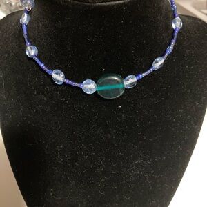 Handmade blue beaded choker necklace, BoHo glass beaded necklace, Y2K